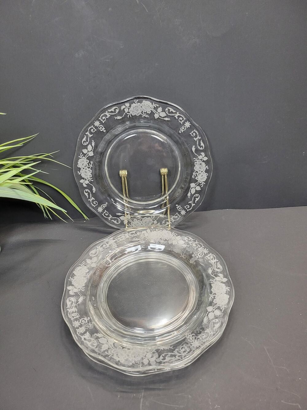 Set of 4 Fostoria Midnight Rose 7.5" Salad Plates Clear Etched Elegant Glass